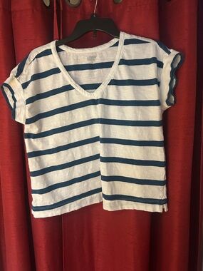 Lands' End White Tee with Teal Stripes V-Neck